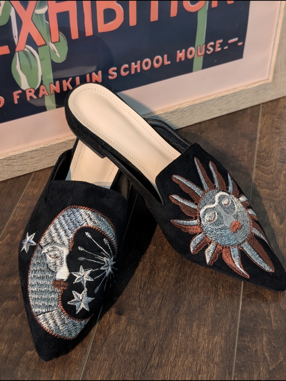 Women's Size 37 Black Embroidered Sun & Moon Slip-On Mules